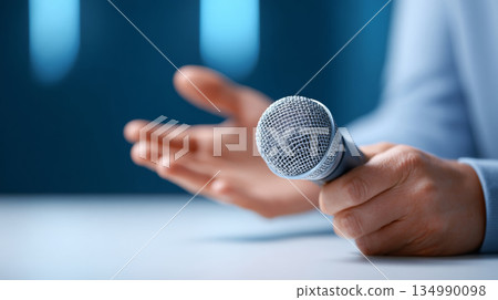Close-up of a person holding a microphone with one hand and gesturing with the other in a blurred background 134990098