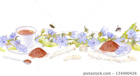 Seamless border with chicory drink in a white cup with a spoon, root, pastel blue flowers, watercolor illustration, on an isolated background. Pattern Decaf drink for healthy eating and vegan diets Seamless border with chicory drink in a white cup with a spoon, root, pastel blue flowers, watercolor illustration, on an isolated background. Pattern Decaf drink for healthy eating and vegan diets 134990426
