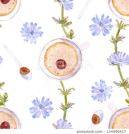 A seamless pattern with a chicory drink in a white cup with a spoon and pastel blue flowers, watercolor illustration, on an isolated background. A decaffeinated drink for healthy eating, vegan diets 134990427