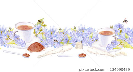 Seamless border with chicory drink in a white cup with a spoon, root, pastel blue flowers, watercolor illustration, on an isolated background. Pattern Decaf drink for healthy eating and vegan diets 134990429