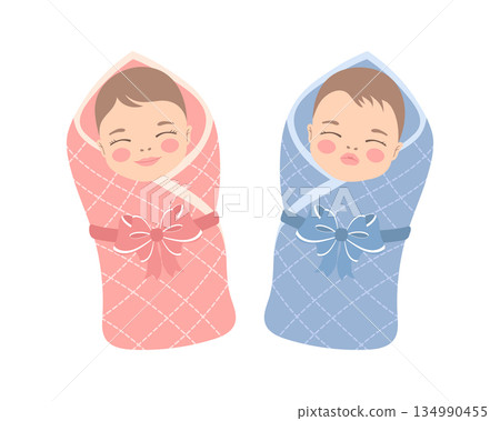 Cute baby girl and baby boy wrapped in a blanket. Adorable newborn twins in blue and pink blankets. 134990455