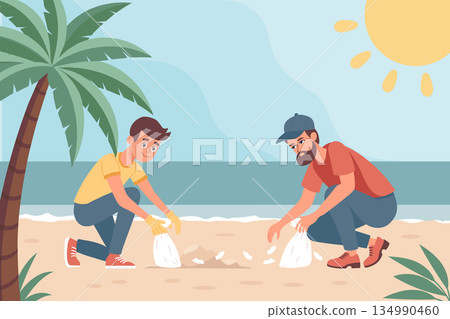 Father and son are cleaning the beach. Volunteers cleaning up beach litter. Environment concept. Illustration. Father and son are cleaning the beach. Volunteers cleaning up beach litter. Environment concept. Illustration. 134990460