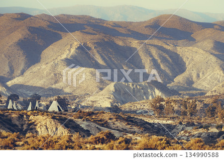 Tabernas desert and Indian village wigwams at Western Leone, Spain 134990588