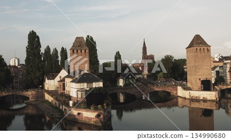 France,Strasbourg Ponts Couverts Ancient city on the water. large bridges on which people walk. 134990680