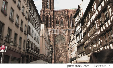 Strasbourg,France-circa 2020: The main square of Strasbourg, Place du Chateau and Notre Dame de Strasbourg, the cathedral and old houses. Strasbourg,France-circa 2020: The main square of Strasbourg, Place du Chateau and Notre Dame de Strasbourg, the cathedral and old houses. 134990696