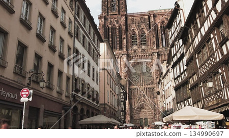 Strasbourg,France-circa 2020: The main square of Strasbourg, Place du Chateau and Notre Dame de Strasbourg, the cathedral and old houses. 134990697