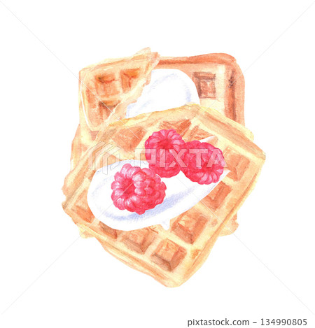 Belgian waffles with raspberries and whipped cream hand drawn in watercolor on isolated background for menu design and advertising in store, bakery, confectionery, fabric, stickers. Belgian waffles with raspberries and whipped cream hand drawn in watercolor on isolated background for menu design and advertising in store, bakery, confectionery, fabric, stickers. 134990805