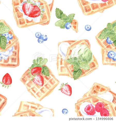 A seamless pattern with Belgian waffles, raspberries, blueberries, strawberries, whipped cream, and mint, painted in watercolor on an isolated background. Clip art with delicious pastries and berries. A seamless pattern with Belgian waffles, raspberries, blueberries, strawberries, whipped cream, and mint, painted in watercolor on an isolated background. Clip art with delicious pastries and berries. 134990806