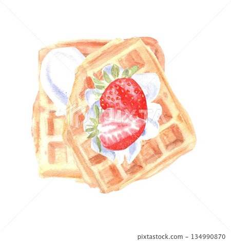 Belgian waffles with strawberries and whipped cream hand drawn in watercolor on isolated background for menu design and advertising in store, bakery, confectionery, fabric, stickers. 134990870