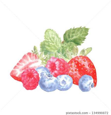 Blueberries, raspberries, strawberries with mint drawn by hand in watercolor on an isolated background for menu design and advertising in the store, fabric, stickers, design of desserts, baked goods. Blueberries, raspberries, strawberries with mint drawn by hand in watercolor on an isolated background for menu design and advertising in the store, fabric, stickers, design of desserts, baked goods. 134990872