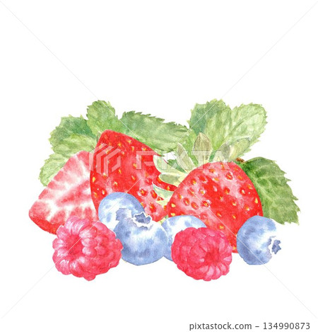 Blueberries, raspberries, strawberries with mint drawn by hand in watercolor on an isolated background for menu design and advertising in the store, fabric, stickers, design of desserts, baked goods 134990873