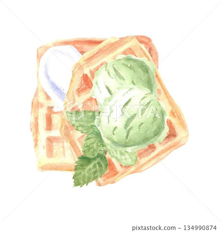 Belgian waffles with mint and pistachio ice cream hand drawn in watercolor on isolated background for menu design and advertising in store, bakery, confectionery, fabric, stickers 134990874