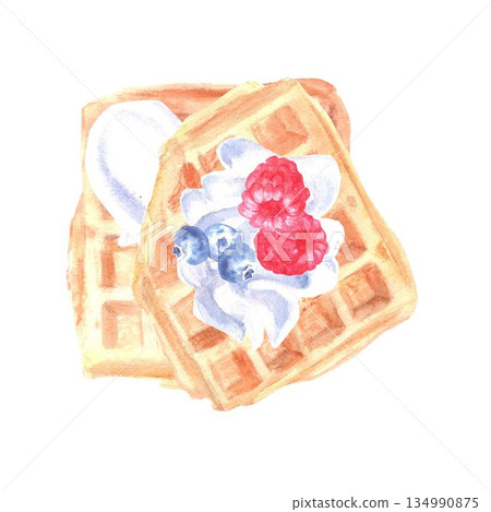 Belgian waffles with raspberries, blueberries and whipped cream hand drawn in watercolor on isolated background for menu design and advertising in store, bakery, confectionery, fabric, stickers 134990875