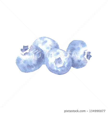 Blueberries drawn by hand in watercolor on an isolated background for the design of menus and advertising in the store, fabric, stickers, design of desserts, baked goods, juices, fruit drinks 134990877