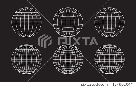 Set of simple white globe wireframes on black background. Orb models, sphere shapes, meshed balls. Earth planet or universe symbols with longitude and latitude lines. Vector graphic illustration Set of simple white globe wireframes on black background. Orb models, sphere shapes, meshed balls. Earth planet or universe symbols with longitude and latitude lines. Vector graphic illustration 134991044