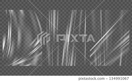 Vinyl clear film mockups. Transparent plastic foil cover with wrinkles. Textured overlay vector pvc material. Polyethylene and cellophane template for banner and poster. 134991067