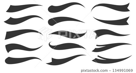 Swoosh tails for baseball team logo. Swash font lines for sport design. Calligraphic vintage vector decoration. Retro brush strokes. Curve ribbons and flourishes. 134991069