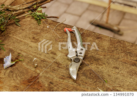 Gardening scissors lying on wooden table with cut flowers Gardening scissors lying on wooden table with cut flowers 134991070