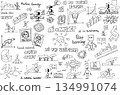 hand drawn architectural sketches of artificial intelligence topics and robots and network strucures and ai in finance and money and arrows 134991074