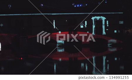 Very beautiful night laser show on the facade of the house. Beautiful laser and musical fountain show. 3D videomapping. Strasbourg, France. 134991255