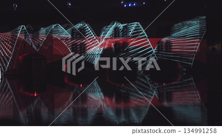 Very beautiful night laser show on the facade of the house. Beautiful laser and musical fountain show. 3D videomapping. Strasbourg, France. 134991258