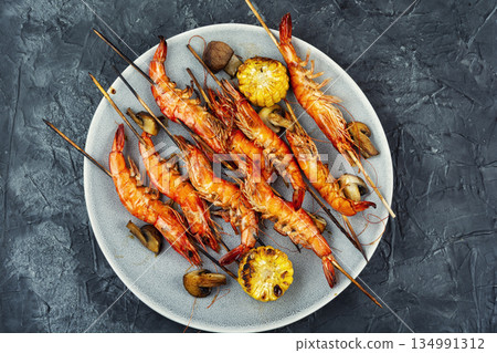 Tasty langoustines shrimp kabobs grilled. Tasty langoustines shrimp kabobs grilled. 134991312