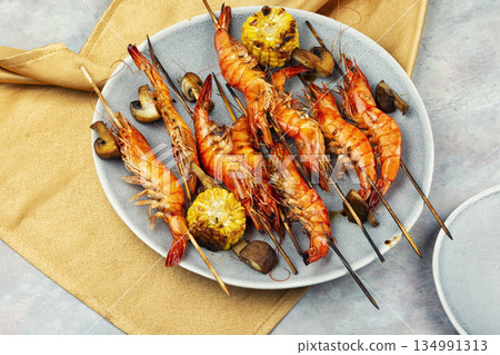 Tasty langoustines shrimp kabobs grilled. Tasty langoustines shrimp kabobs grilled. 134991313