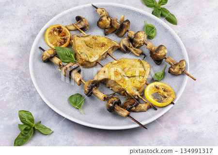 Two grilled tuna steak, kebabs. Two grilled tuna steak, kebabs. 134991317