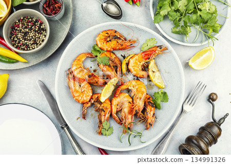 Fried Shrimp or Langoustines on a Plate 134991326