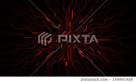 Abstract red circuit board texture with bright electric lines.  134991489