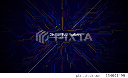 Purple and blue digital circuit board design with central copy space Purple and blue digital circuit board design with central copy space 134991499