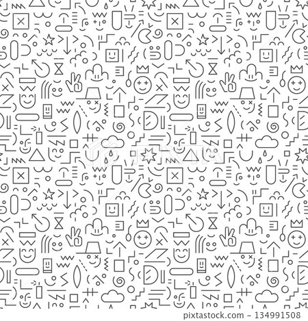 faces of kids funny robots creative lines shapes figures computer education seamless vector pattern multicolored background 134991508