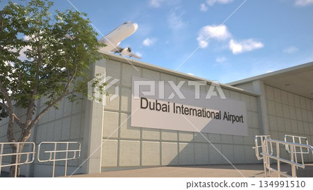 Dubai International Airport entrance sign and airplane passing above on a summer day, Dubai, United Arab Emirates 3D rendering Dubai International Airport entrance sign and airplane passing above on a summer day, Dubai, United Arab Emirates 3D rendering 134991510