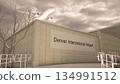 Denver International Airport exterior with airplane overhead in winter snowfall, Denver, United States 3D rendering 134991512