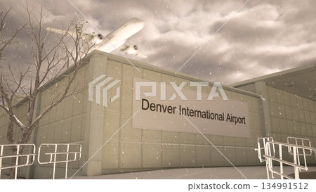 Denver International Airport exterior with airplane overhead in winter snowfall, Denver, United States 3D rendering 134991512
