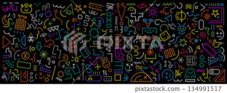Funny faces signs and symbols geometric flat line shapes school education abstract vector background multicolored design elements Funny faces signs and symbols geometric flat line shapes school education abstract vector background multicolored design elements 134991517