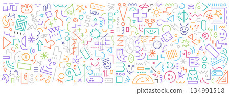 Funny faces signs and symbols geometric flat line shapes school education abstract vector background multicolored design elements 134991518
