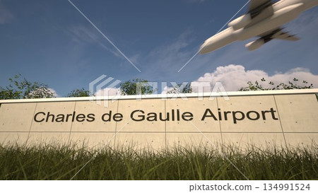 Arrivals at Charles de Gaulle Airport with airplane landing near terminal, Paris, France 3D rendering 134991524