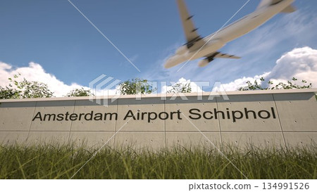 Arrivals at Amsterdam Airport Schiphol with airplane landing near terminal, Amsterdam, Netherlands 3D rendering Arrivals at Amsterdam Airport Schiphol with airplane landing near terminal, Amsterdam, Netherlands 3D rendering 134991526