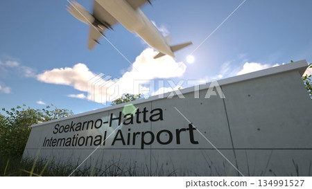 Departures at Soekarno Hatta International Airport with airplane leaving overhead, Jakarta, Indonesia 3D rendering Departures at Soekarno Hatta International Airport with airplane leaving overhead, Jakarta, Indonesia 3D rendering 134991527