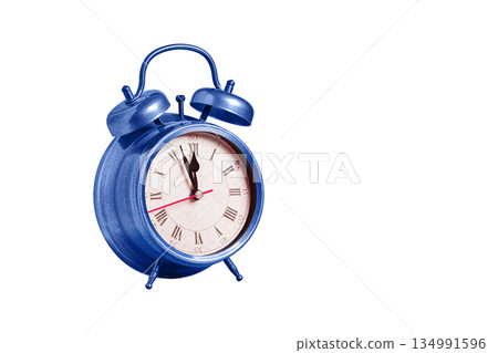 retro clock, pointer clock, blue color alarm clock on isolated white background 134991596