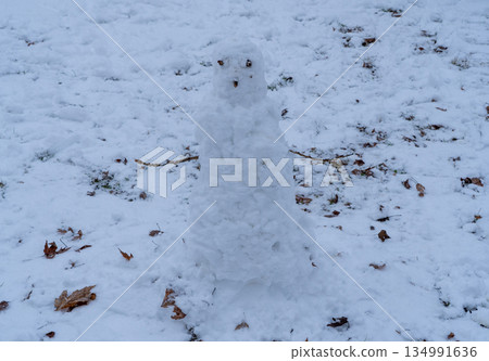 Small simple snowman standing on snow-covered ground with dry leaves. Small simple snowman standing on snow-covered ground with dry leaves. 134991636