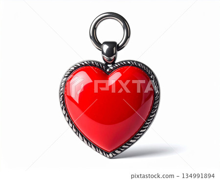 Romantic keychain. Metal heart-shaped keychain on white background. 134991894