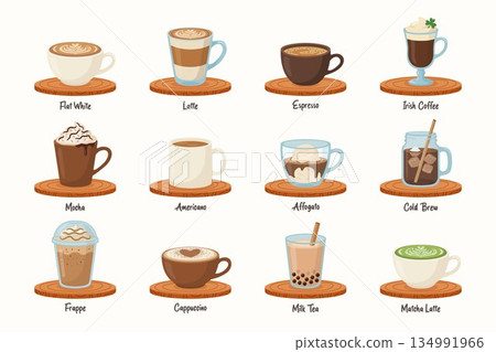Flat Cartoon Coffee Drinks, Vector Illustration. Flat White, Latte, Espresso, Irish Coffee, Mocha, Americano, Affogato, Cold Brew, Frappe, Cappuccino, Milk Tea, Matcha Latte, Cafe Icons. Coffee Mugs 134991966