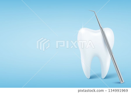 Vector 3d Realistic Tooth. Healthy White Tooth with Dental Probe on Blue Background. Dental Explorer Tool. Oral Care Tooth Concept. Dentist Equipment and Tooth Examination Vector 3d Realistic Tooth. Healthy White Tooth with Dental Probe on Blue Background. Dental Explorer Tool. Oral Care Tooth Concept. Dentist Equipment and Tooth Examination 134991969