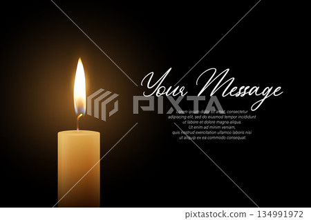 Candle Light, Vector Illustration with Burning Flame on Dark Background. Memorial and Sympathy Horizontal Card Template. Spiritual, Calm Design For Remembrance, Meditation, Condolence and Invitation 134991972