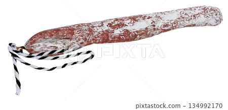 Dry-cured sausage in white mold with a rope on an isolated background Dry-cured sausage in white mold with a rope on an isolated background 134992170