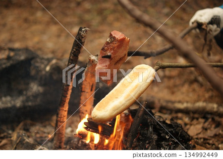 Camping food with bread and meat grilled over a bonfire Camping food with bread and meat grilled over a bonfire 134992449