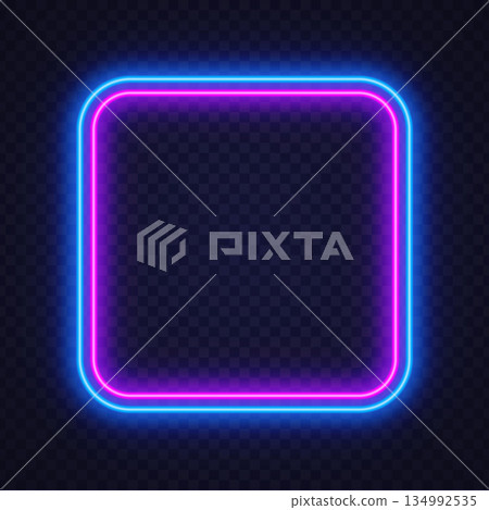 Glowing neon square frame in pink and blue tones on a transparent background. Futuristic light border ideal for web design, posters, and digital projects. 134992535