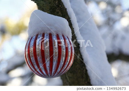 Large, Snow-Covered Christmas Ornament on a Outdoor Tree Large, Snow-Covered Christmas Ornament on a Outdoor Tree 134992673